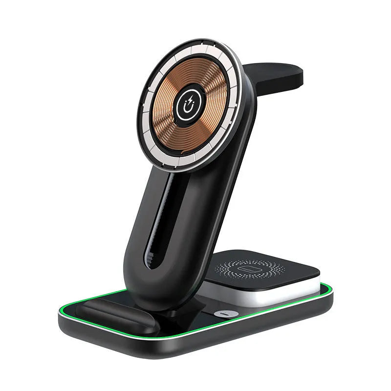 Three-in-one magnetic wireless charger, foldable fast charge unit in black or grey