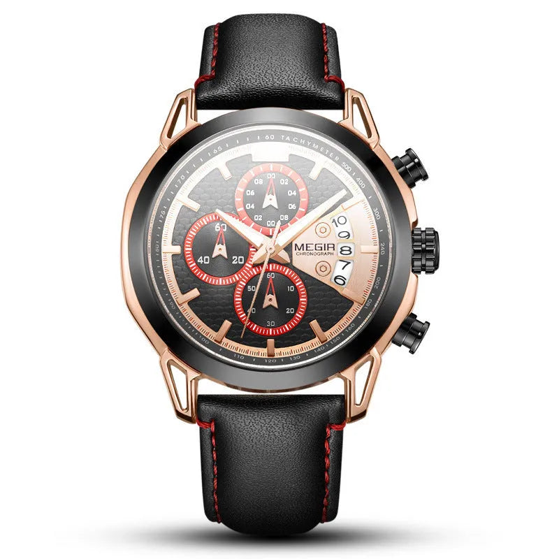 Men's black and brown waterproof luminous quartz watch with leather strap and alloy case.