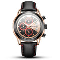 Men's black and brown waterproof luminous quartz watch with leather strap and alloy case.