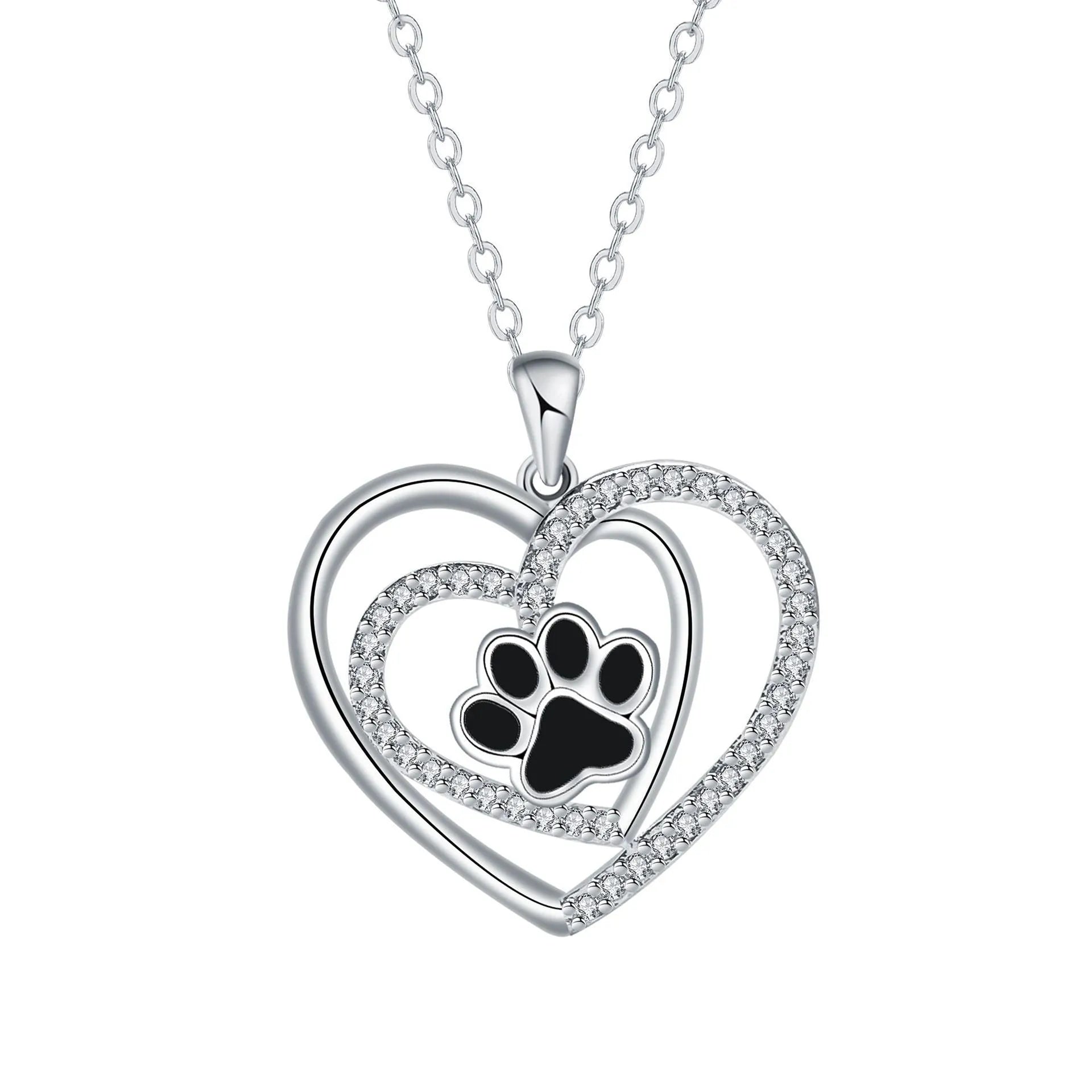 Women's dog paw print heart necklace with electroplated copper pendant and cross chain