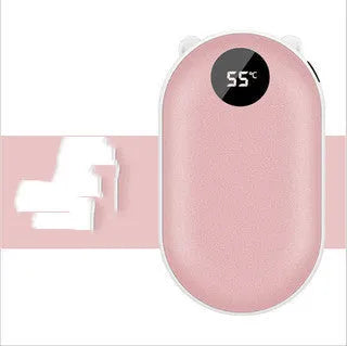 Rechargeable mini hand warmer and power bank device showing various colour options including rose gold and sky blue