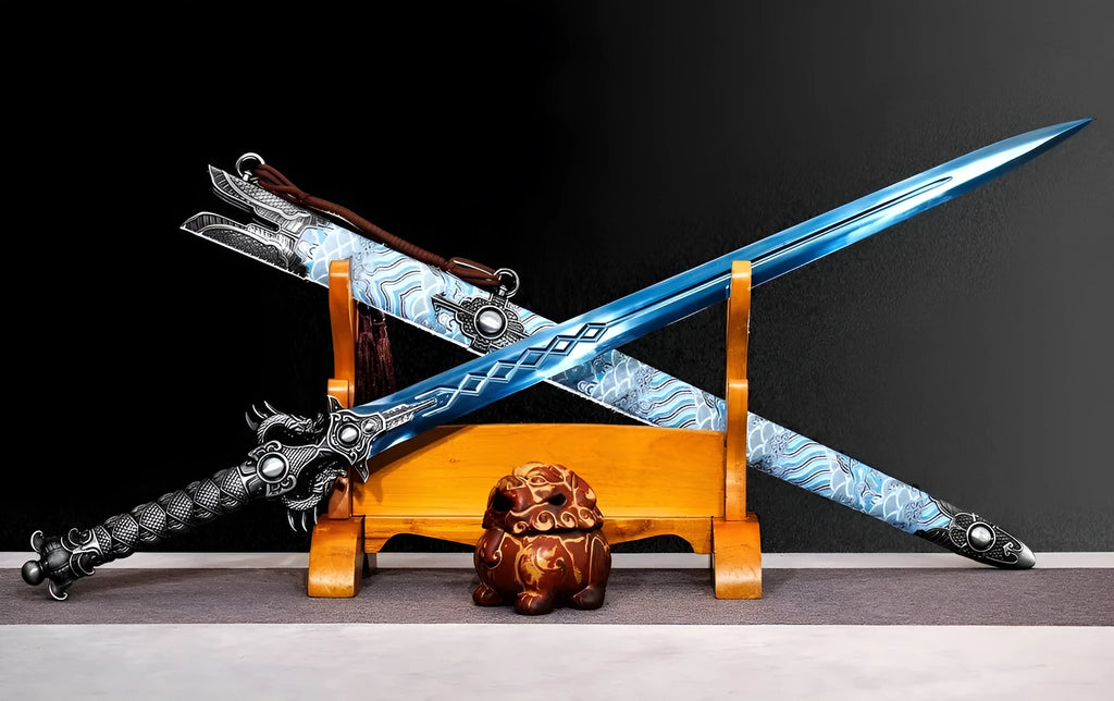 Blue Xingyuan sword from Longquan City with high manganese steel blade and leather-covered scabbard on display