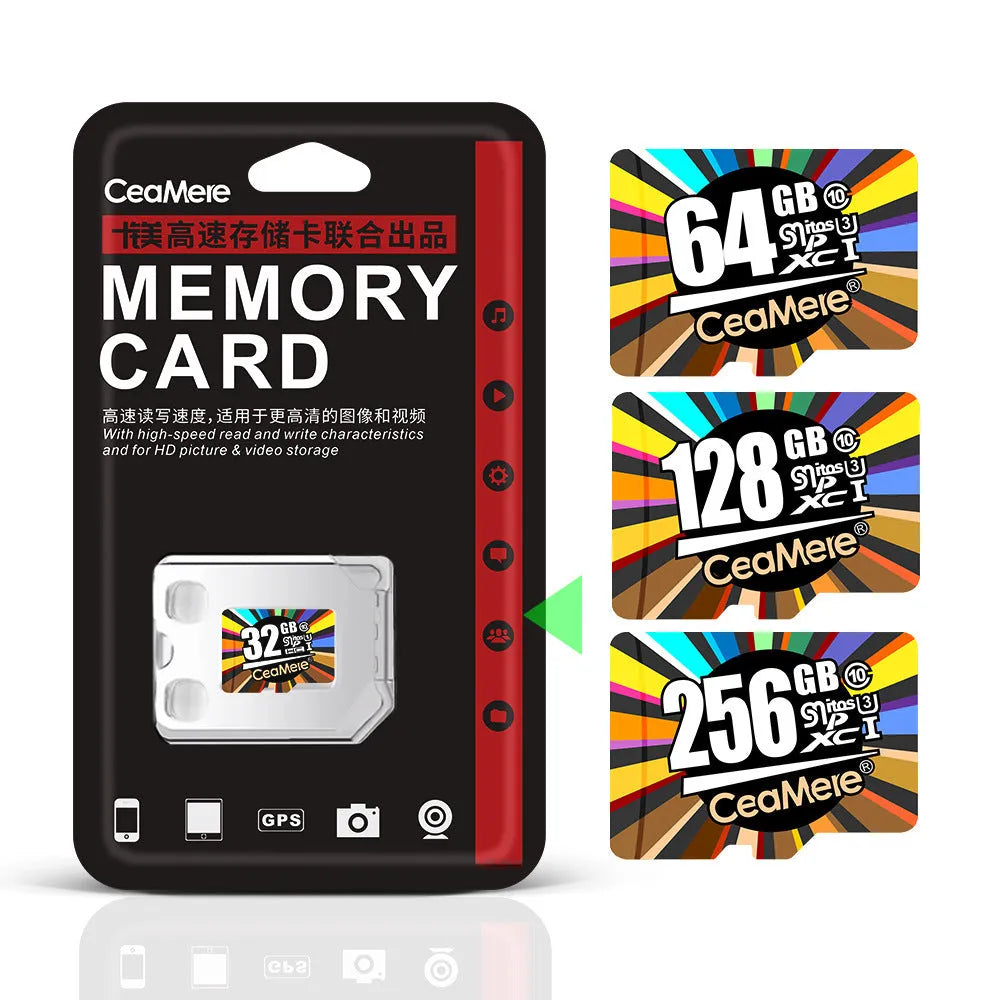Class 10 memory card for smartphones, tablets, and dash cams, available in 8GB to 256GB capacities.