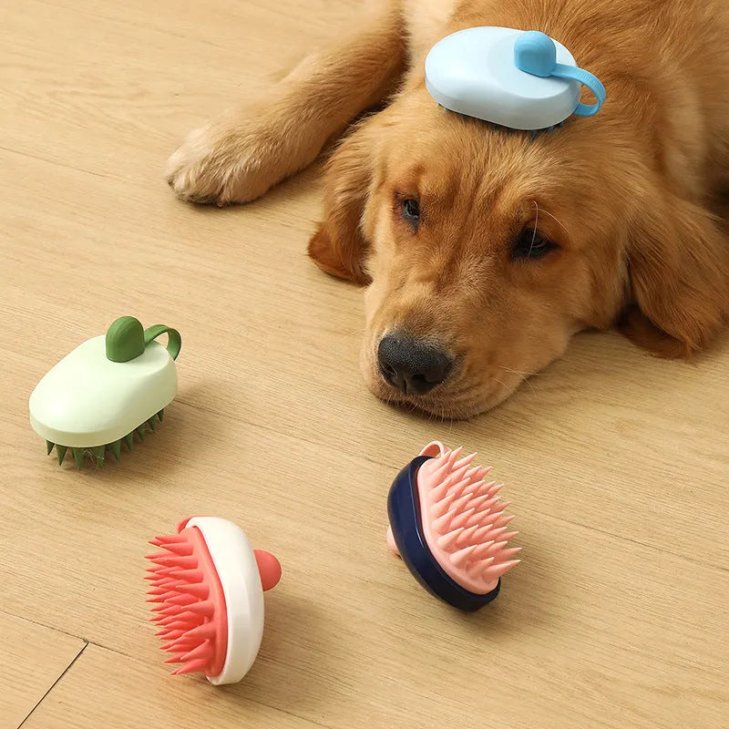 Handheld soft silicone pet hair remover and massage brush for dogs in assorted colours.