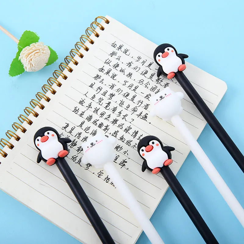 Korean cartoon penguin silicone gel pen with 0.5mm black ink tip and soft silicone grip