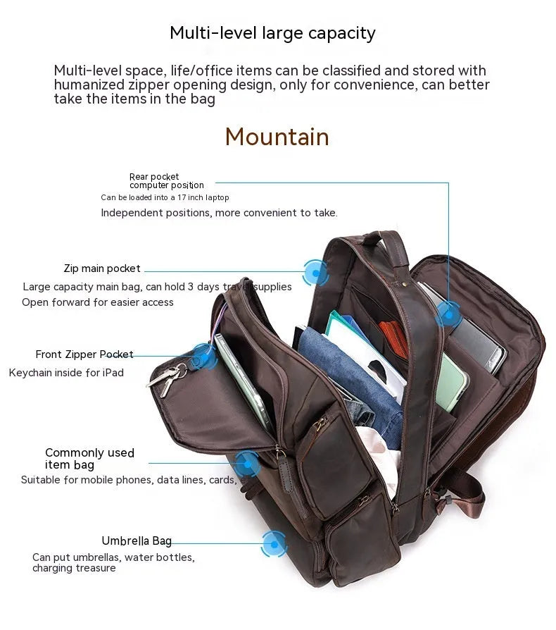 Dark brown Retro Crazy Horse leather backpack for men with a 17-inch laptop compartment open.