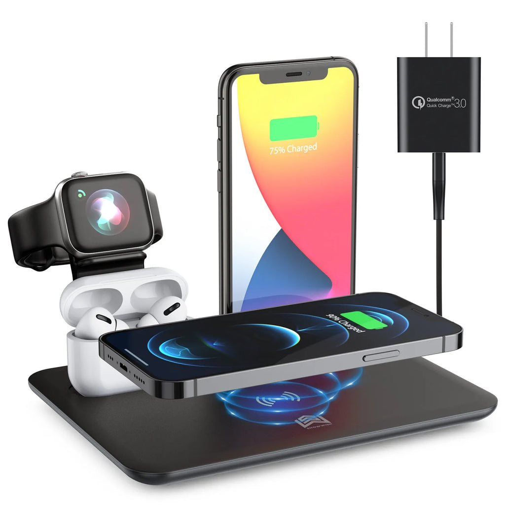 Black and white wireless desktop charger for phone, watch, and headphones.