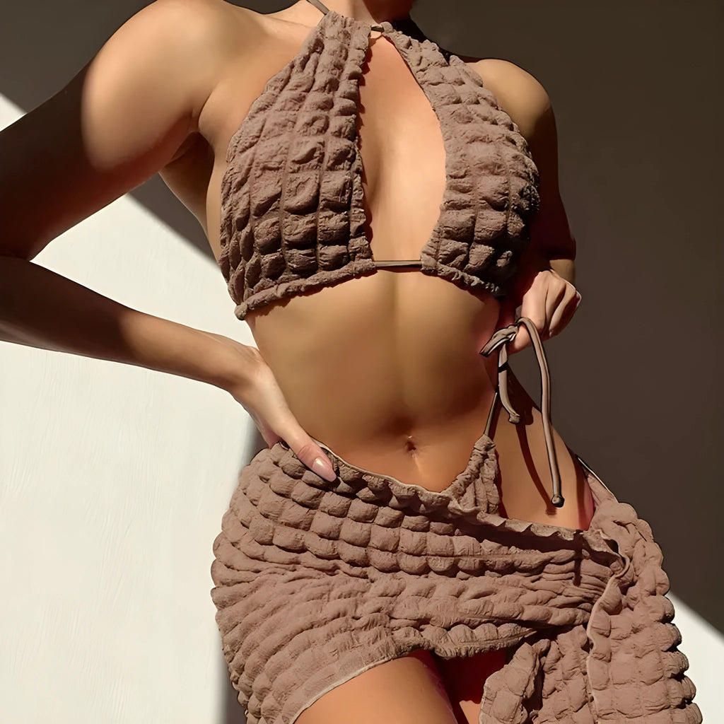 Brown seersucker women's lace-up bikini top with matching pants and skirt, a three-piece swimsuit set.