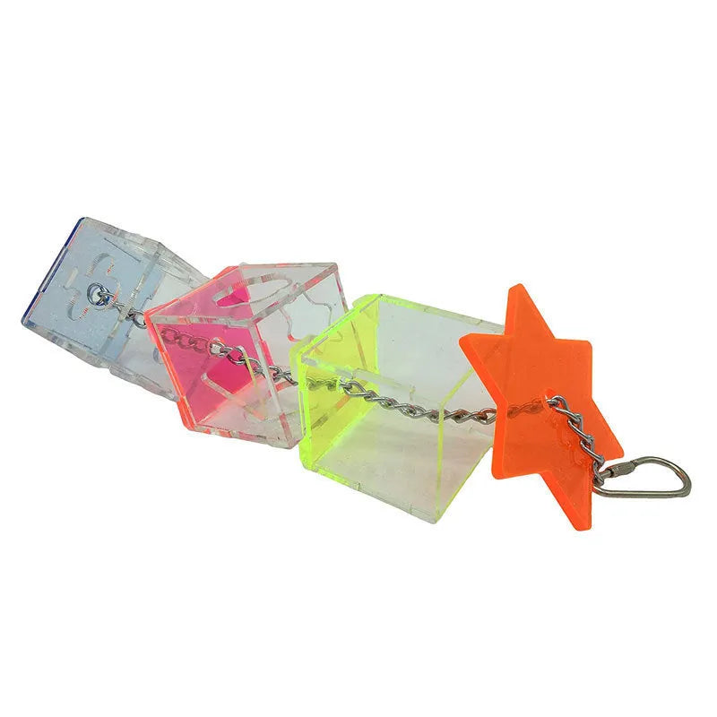 Clear acrylic parrot foraging toy with treats visible inside, 32 cm long bird enrichment device