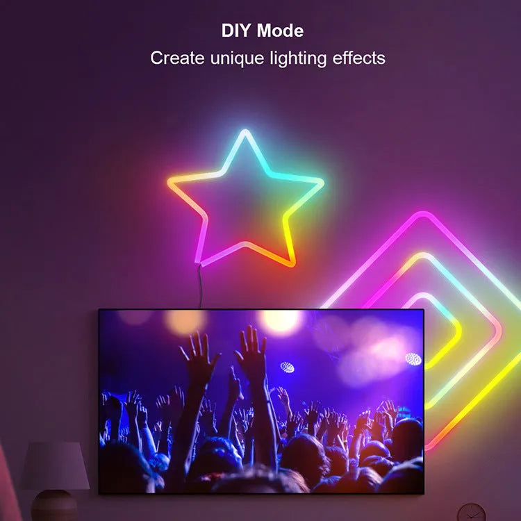 3-metre long flexible RGB LED neon light strip with a remote control on a dark background.