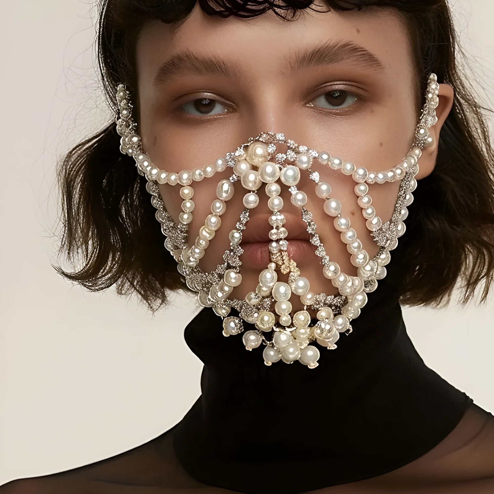 Geometric alloy rhinestone mask with electroplated silver finish and patchwork decoration
