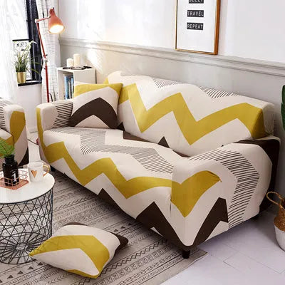 Printed geometric stretch sofa slipcover on double seat sofa in modern simplicity style