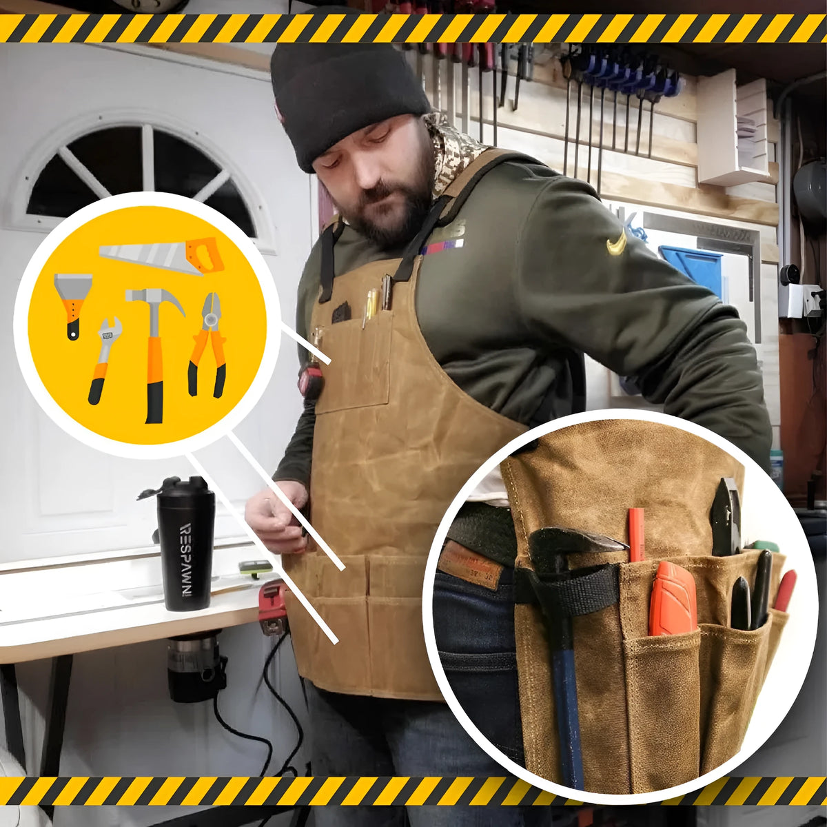 Yellow leather webbing apron in coated canvas, adjustable fit for men and women, with tool storage.