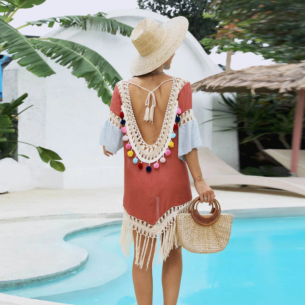 Orange floral beach overskirt with hand-crochet tassel trim