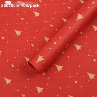 Christmas Kraft paper gift wrap sheets with red and green ink printed cartoon designs including polka dots, snowflakes, and Christmas trees
