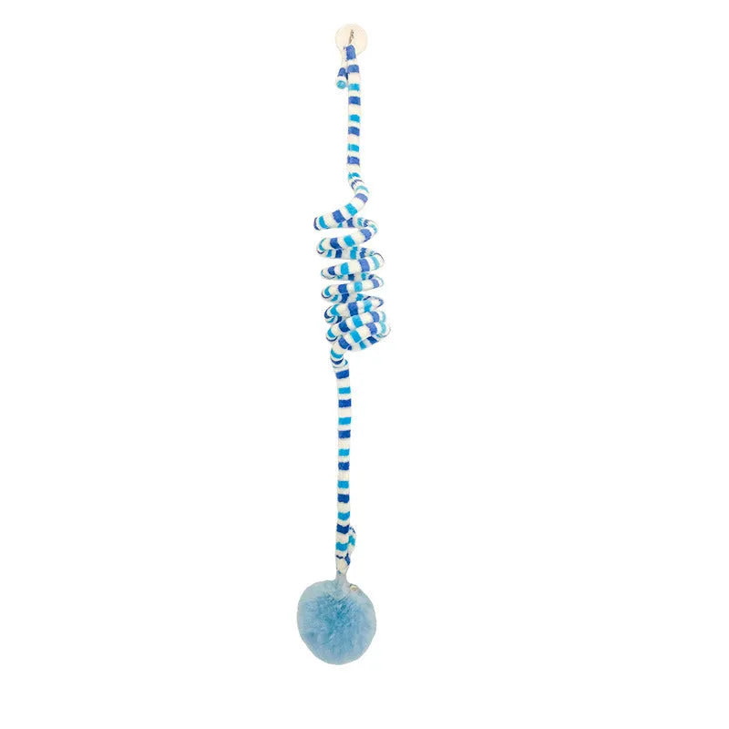 Hanging cat toy set with suction cup, colourful inflatable ball, and bell stick for kitten play.