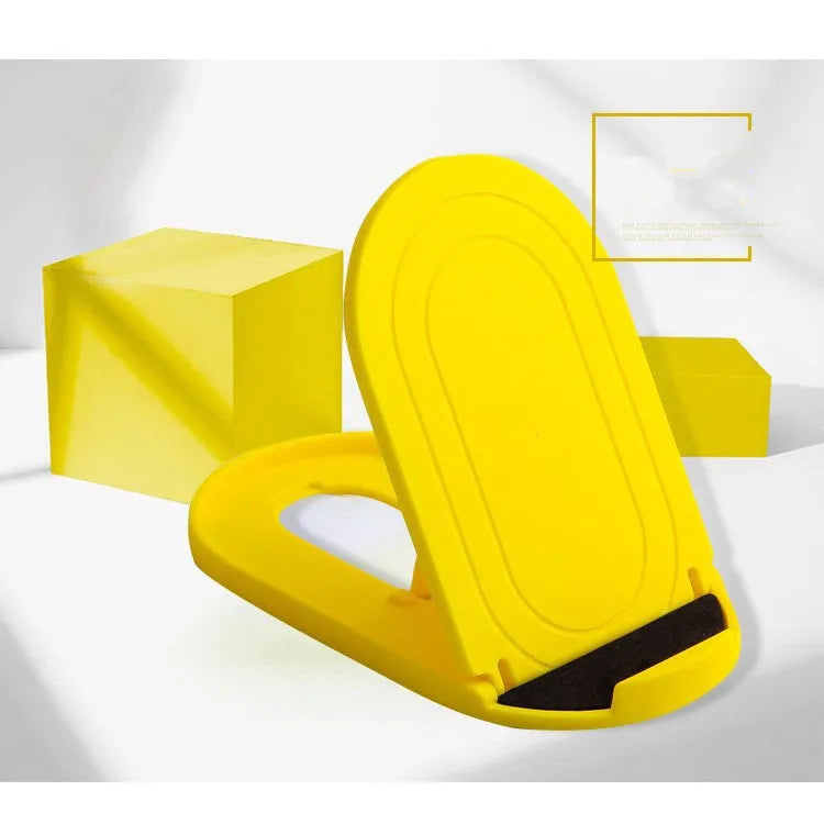 Plastic adjustable bracket mobile phone stand in six colour choices on a desk.