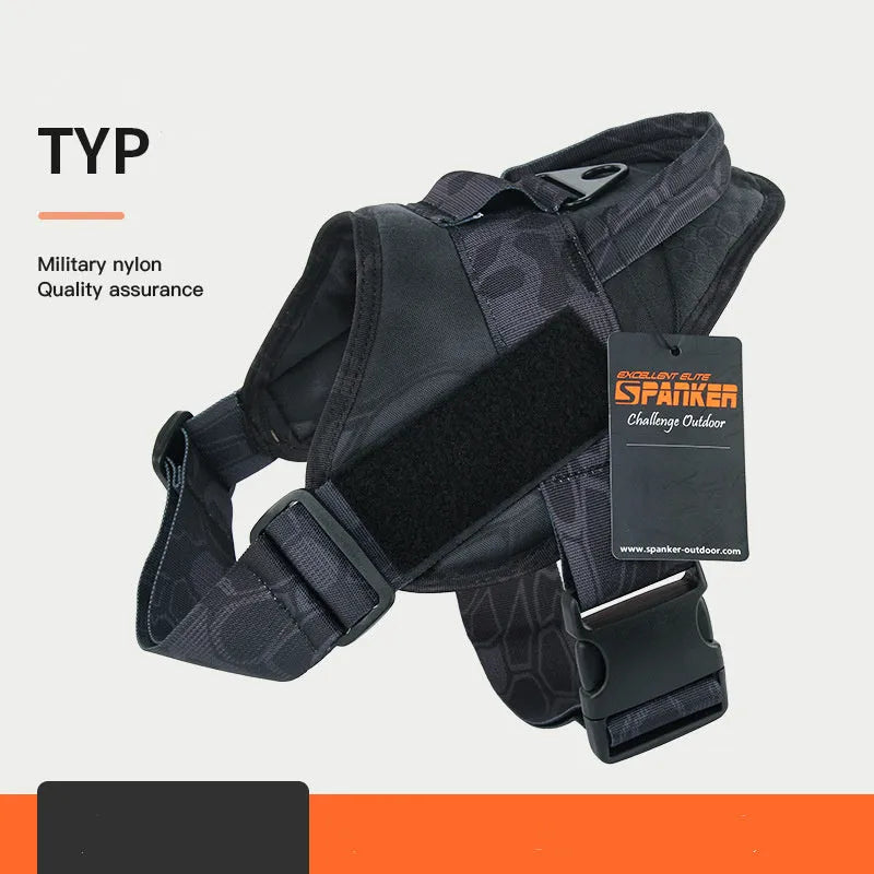 Adjustable dog harness in black made from 1050D nylon with UTX buckle, side view on floor