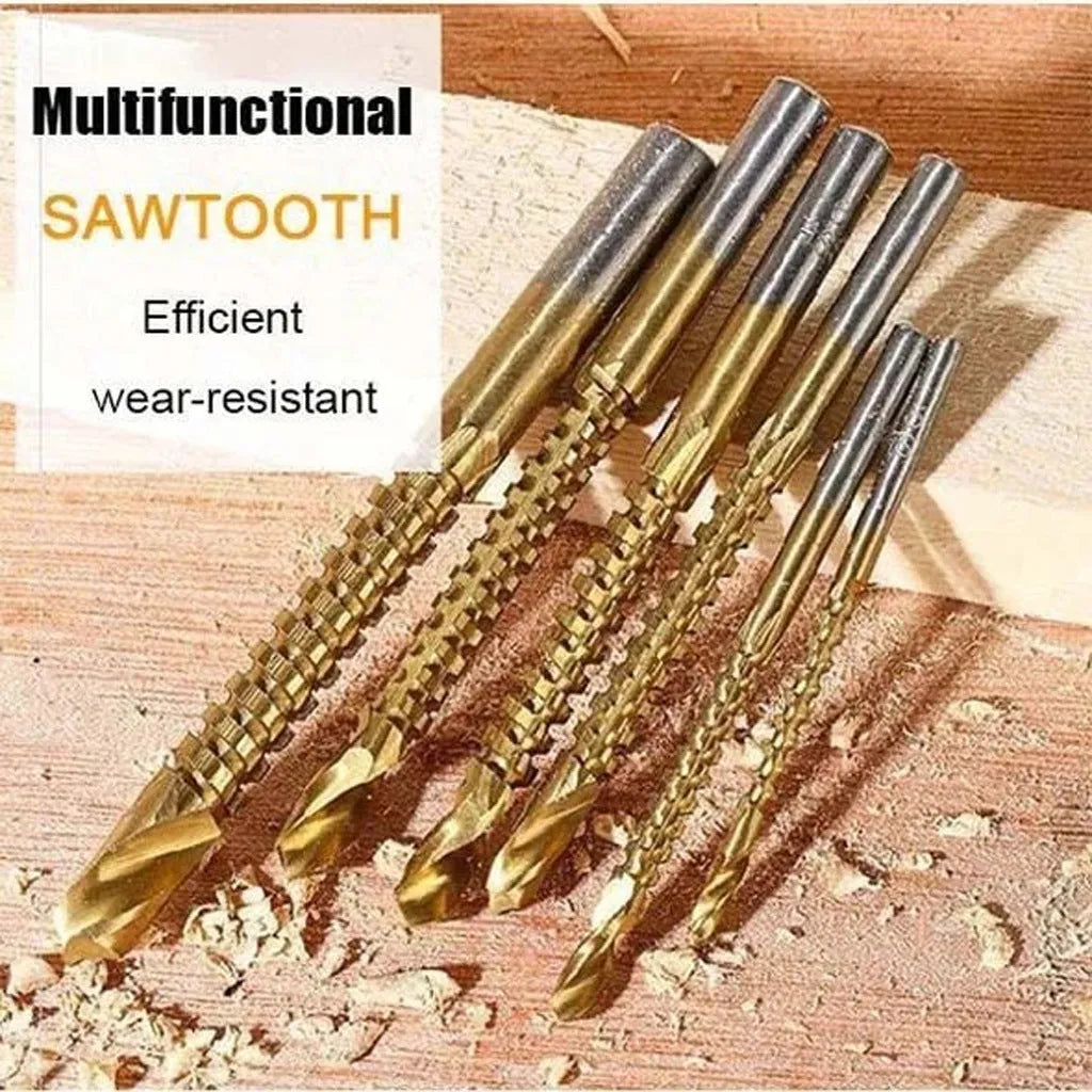 Six HSS woodworking drill bits in diameters 3mm to 8mm laid out on a wooden surface