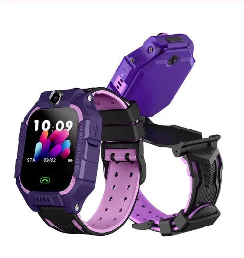 Children's smart watch with dual cameras, SOS button, and touch screen on a child's wrist