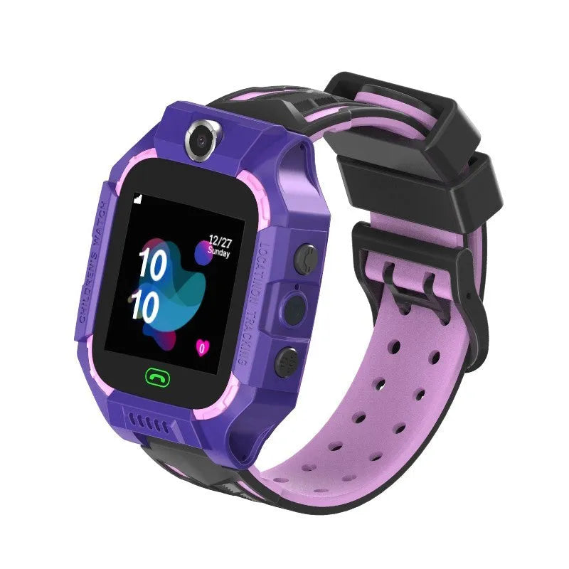 Children's smart watch with dual cameras, SOS button, and touch screen on a child's wrist