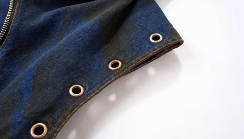 Blue Korean style hooded denim vest and matching trousers set with front zipper closure