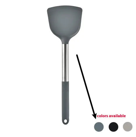Black silicone kitchen utensil set with 12 tools stored in a rotating plastic storage bucket on a worktop.