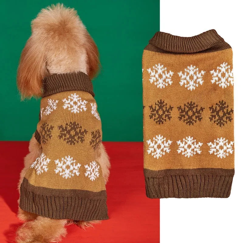Grey and brown snowflake pattern acrylic dog sweater shown in sizes from XXS to XL.