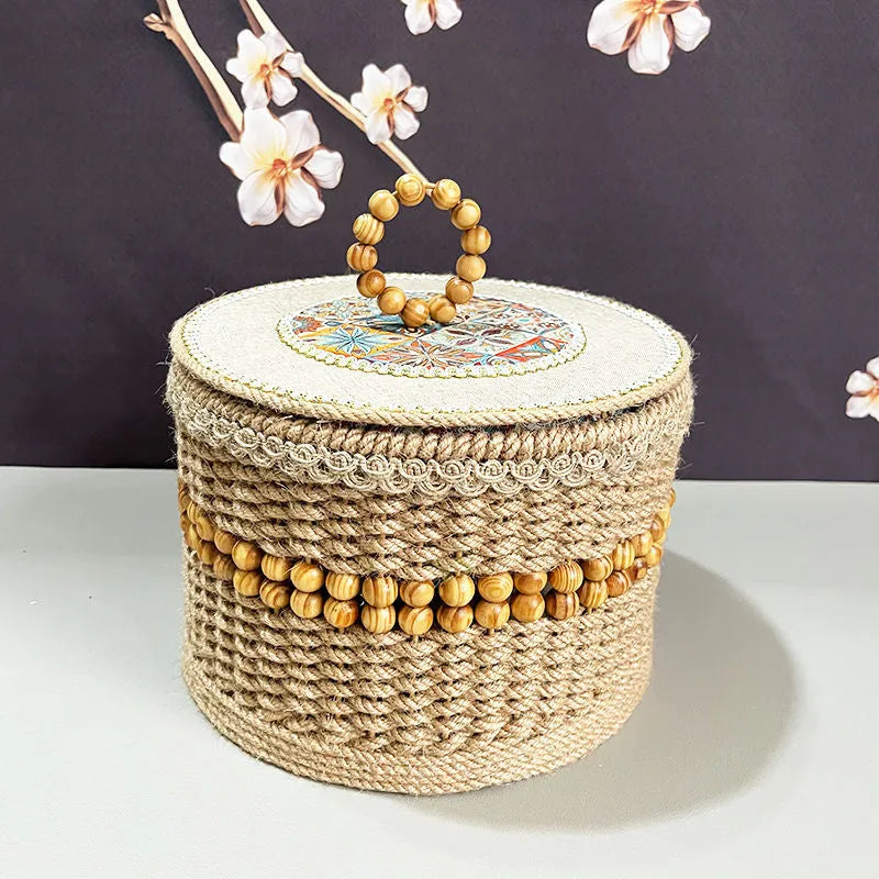 Hand-made brown rattan storage basket for snacks, cosmetics and sundries, available in 20cm and 23cm sizes.