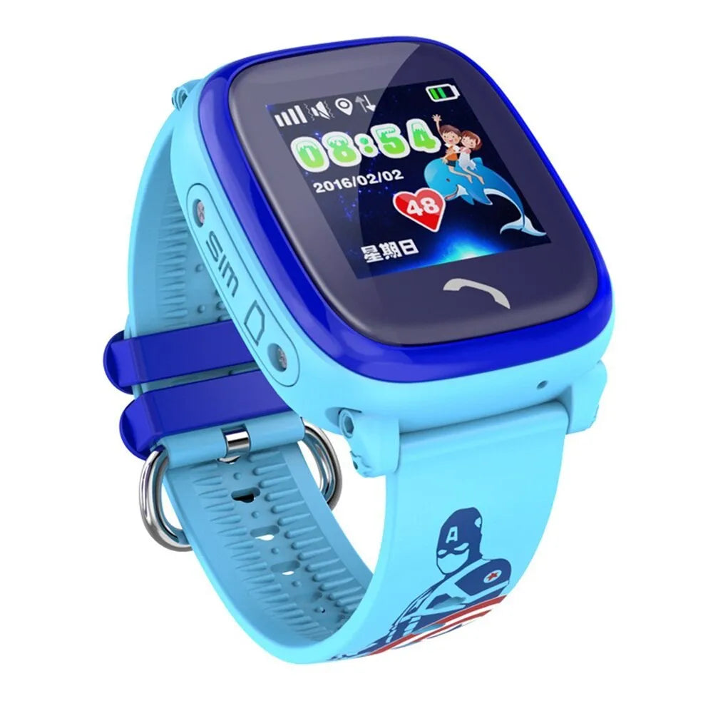 Blue children's waterproof smart watch with touch screen display showing time and SOS icon on a silicone strap.