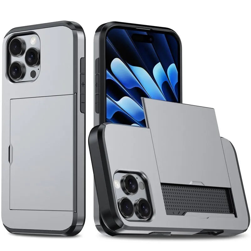 Two-in-one mobile phone case with sliding card holder for iPhone 16, TPU PC anti-drop protective case, available in Black