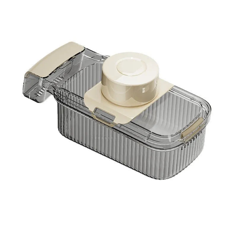 Transparent 2in1 multifunctional vegetable cutter with five blades and draining basket on countertop