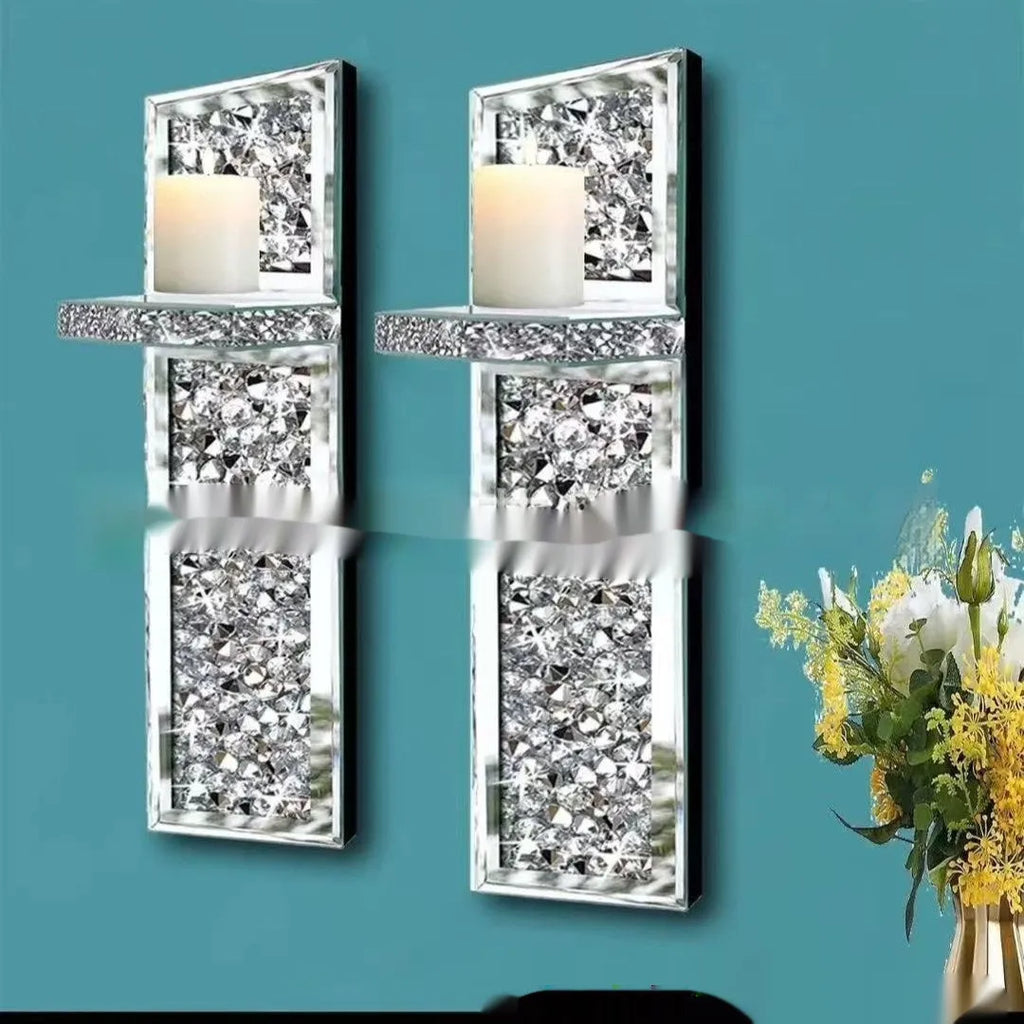 Pair of silver mirror glass candle holders for wall mounting, modern design