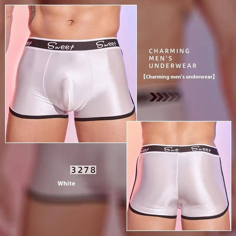 Men's silky shiny nylon boxer shorts in black, white, and sapphire blue colours