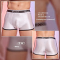 Men's silky shiny nylon boxer shorts in black, white, and sapphire blue colours