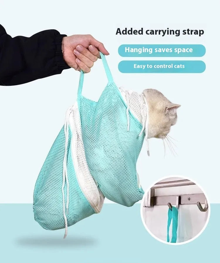Fifth-generation cat grooming bag with scratch-resistant design in grey and white colour