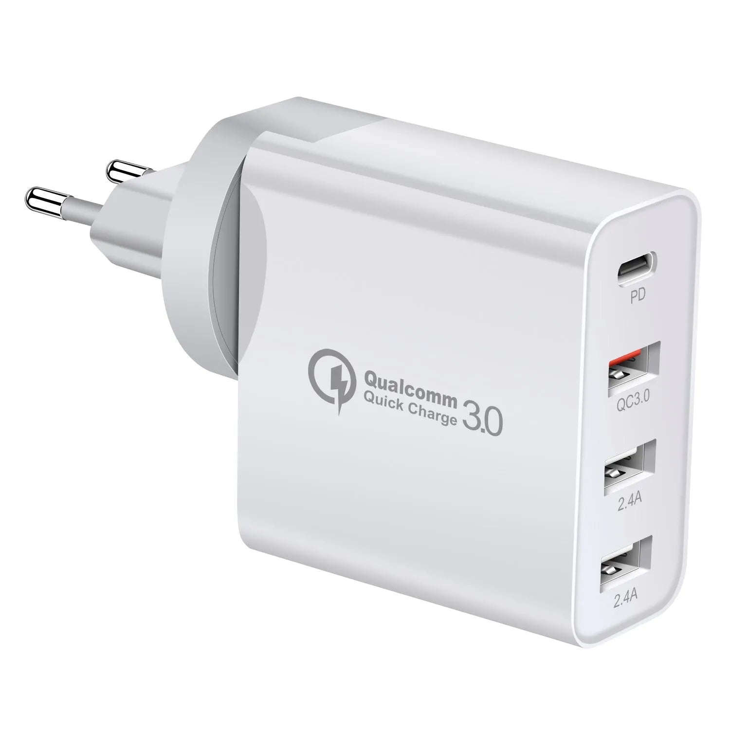 Black 48W desktop charger with four USB-C ports and a white UK plug on a wooden table.