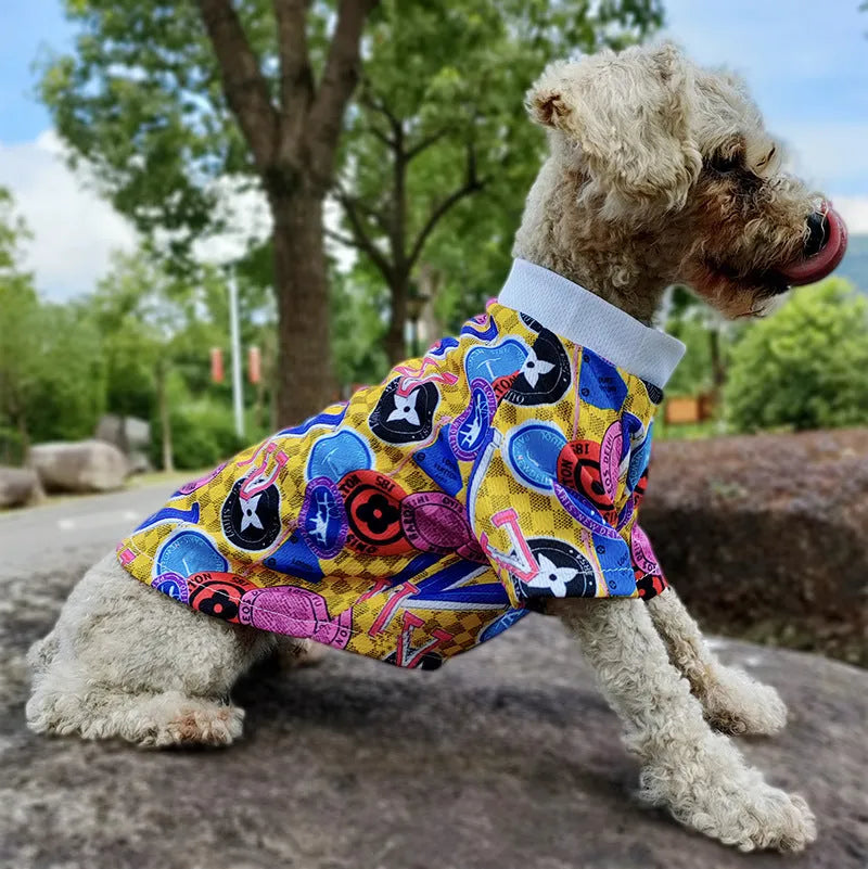 Acrylic pet hoodie with graffiti print and letter design in blue colour for dogs
