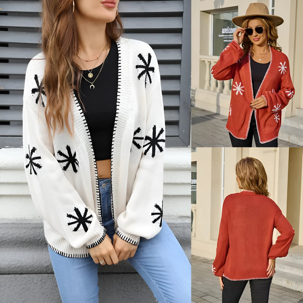 Beige plus-size women's cardigan with white Jacquard flower pattern, loose fit and off-neck design.