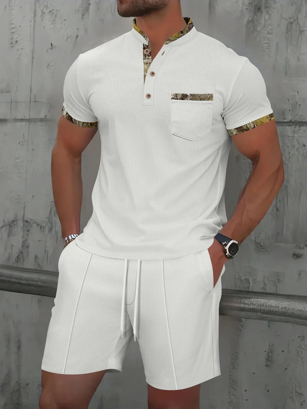 Men's grey cotton blend zip-up polo jacket and shorts suit set on a hanger.