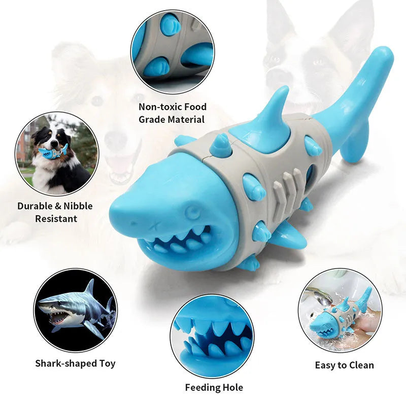 Blue, grey, and yellow dog chew toy with textured shark-tooth surface and leaky, vented holes