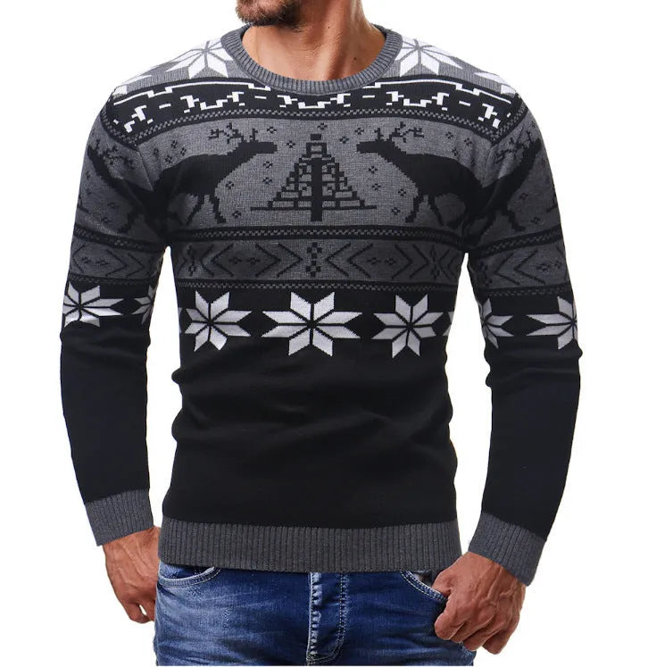 Korean-style slim-fit mohair Christmas fawn sweater in black with round neck