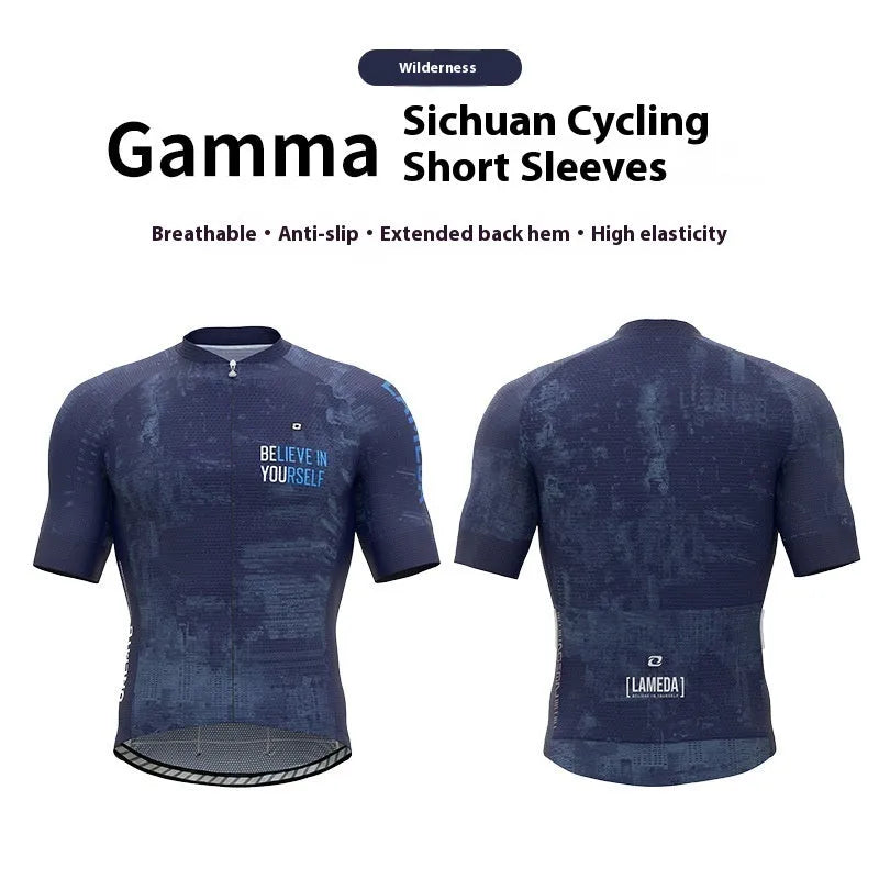 Short-sleeve cycling jersey top in polyester with moisture wicking for mountain and highway bike rides