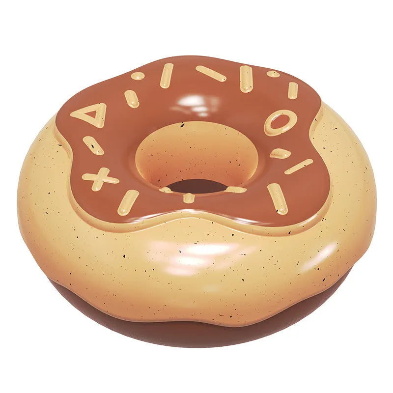 Pink, yellow, and chocolate coloured TPR donut dog chew toy with squeaker for teeth cleaning.