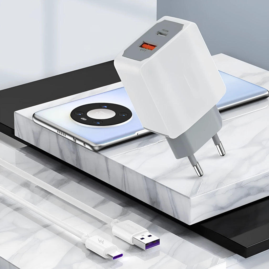White universal phone fast charger set with European standard cable and compact dimensions