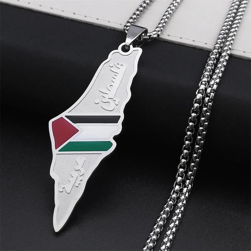 Stainless steel Palestine Israel map pendant necklace gold colour with flag enamel on white background
