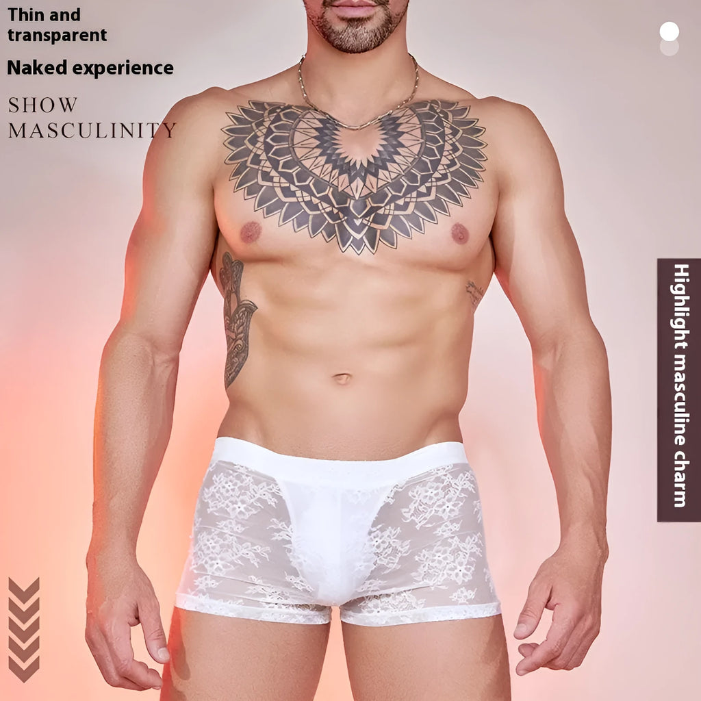 Nylon lace men's boxers in black, shown laid flat to display design and free size fit.