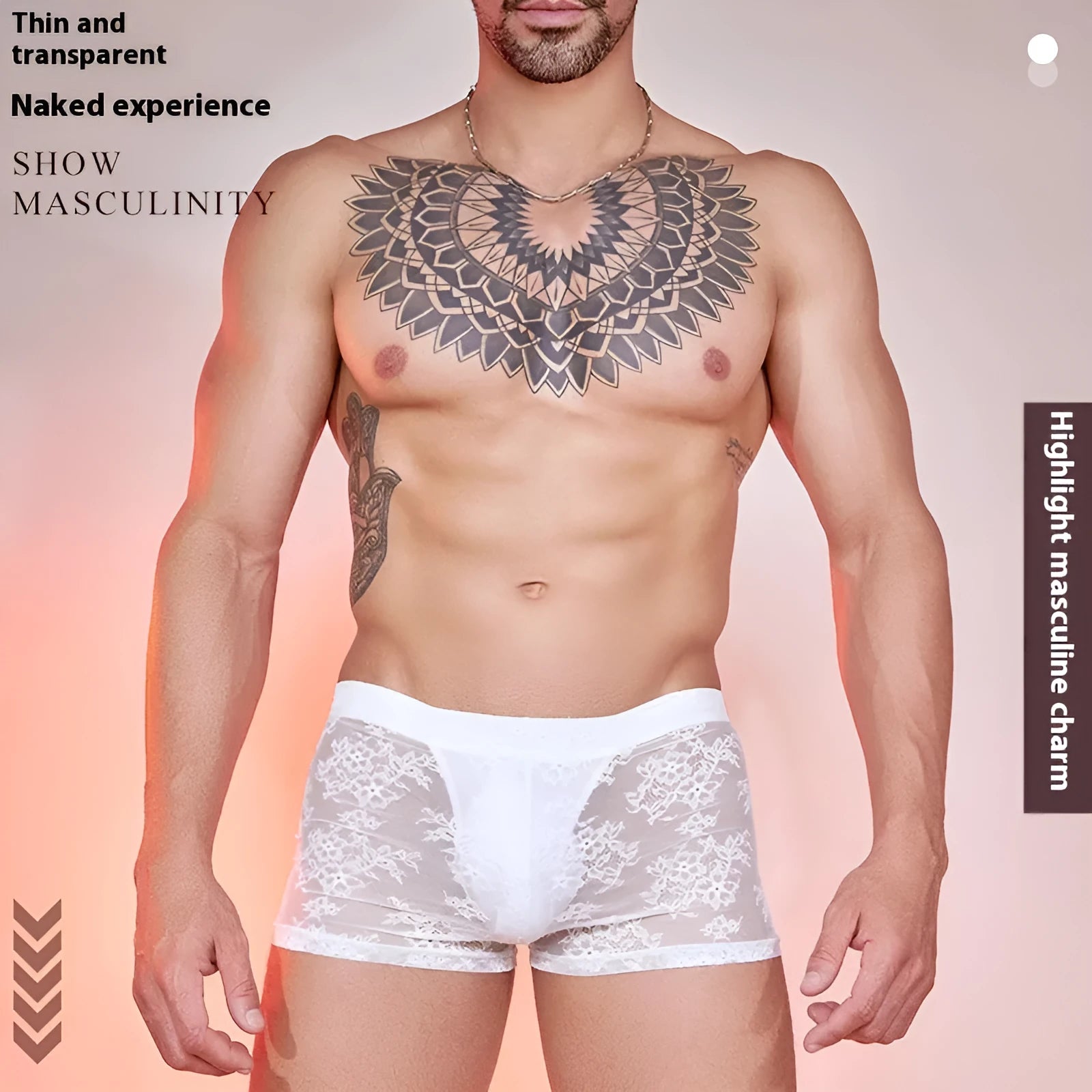 Nylon lace men's boxers in black, shown laid flat to display design and free size fit.