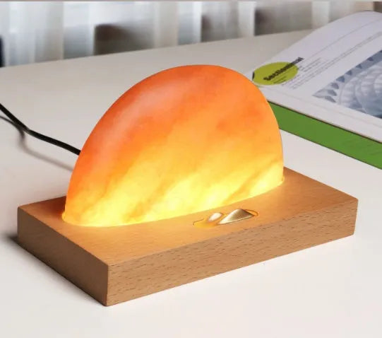 Sunrise Oriental wooden base salt lamp with natural crystal shade and integrated wireless phone charging pad