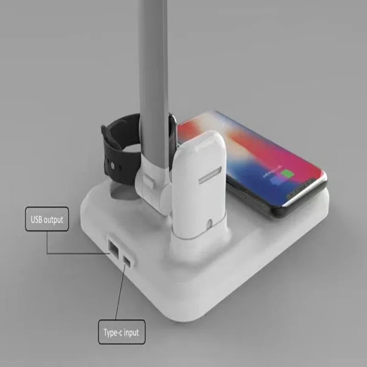 Black or white 4-in-1 LED desk lamp with wireless charging pad and adjustable lighting controls
